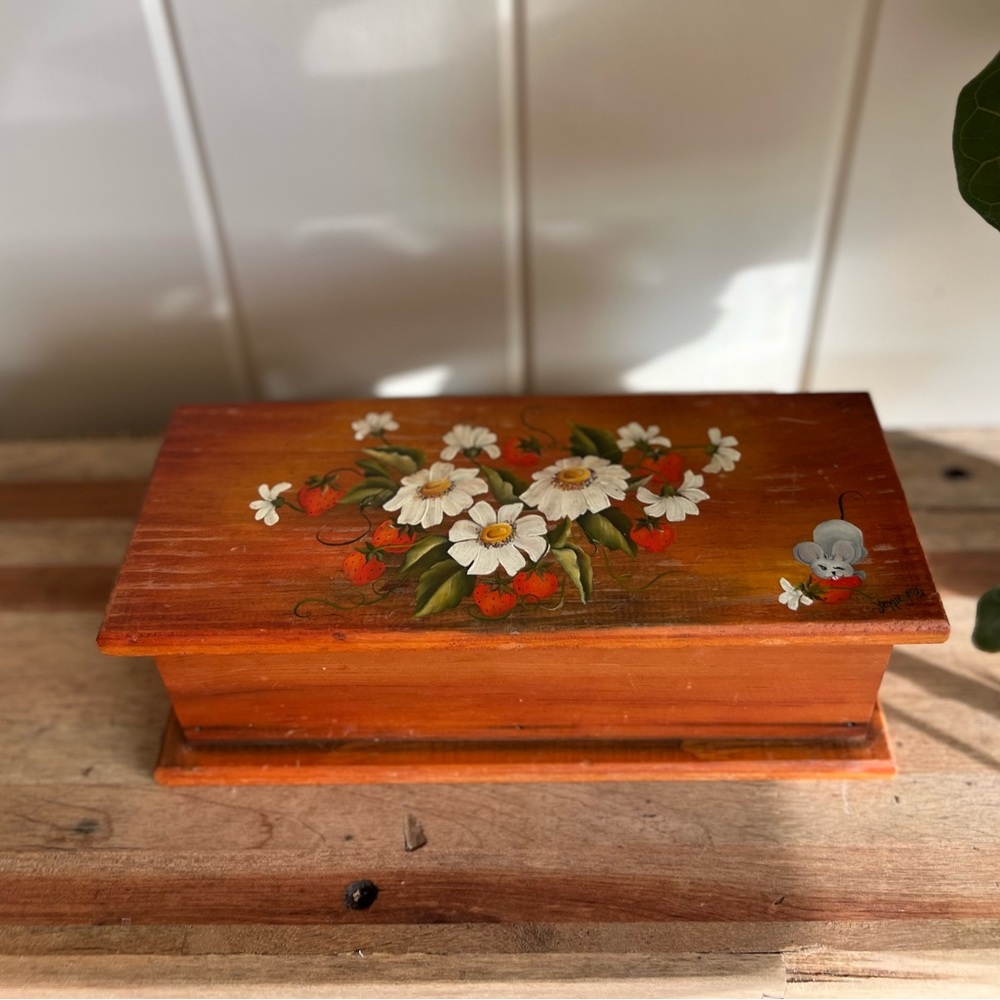 Vintage handmade, hand painted, artist signed wooden box (recipe box?)